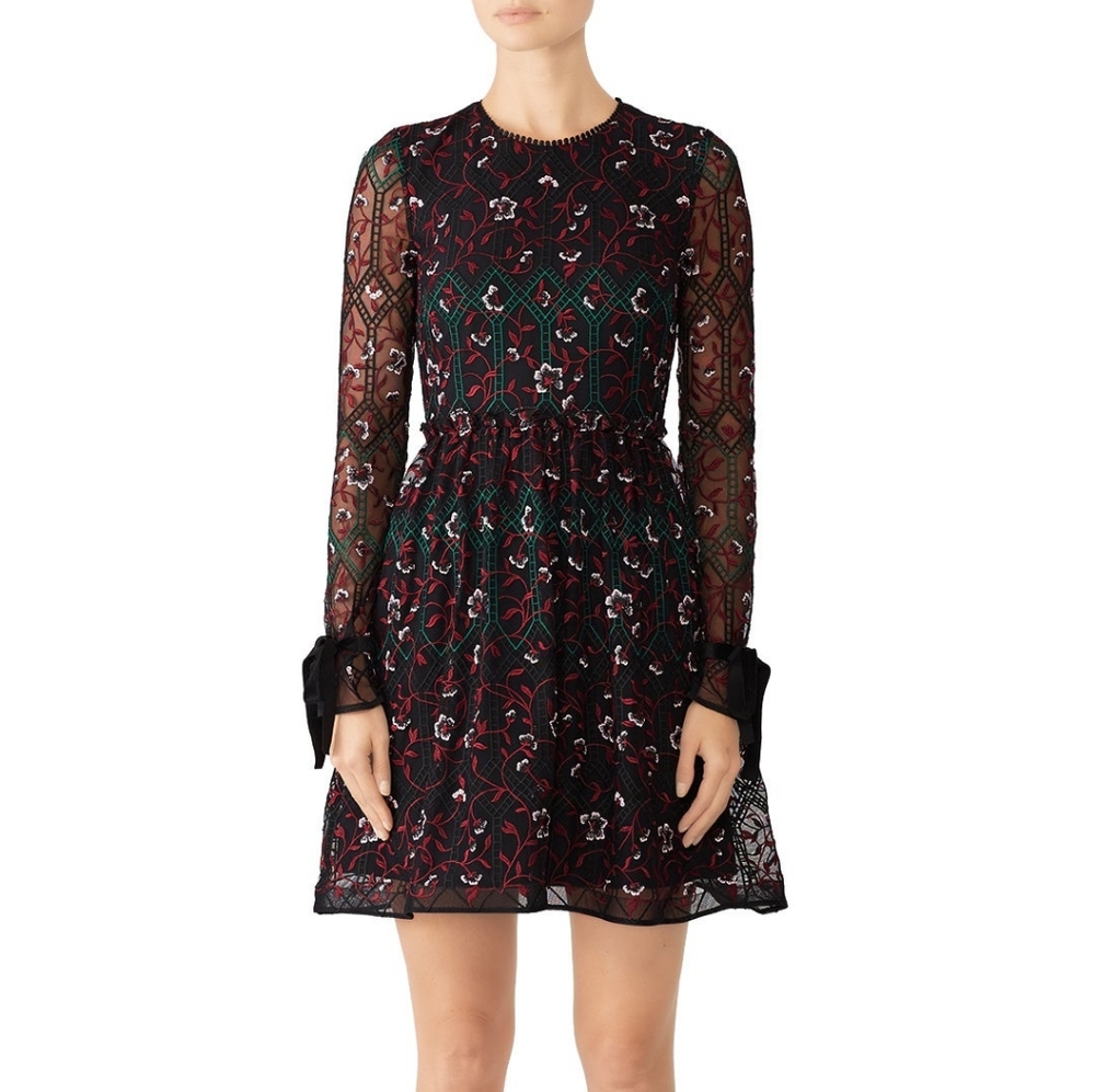 Monique Lhuillier Black Vine Embroidered Long Sleeve Dress